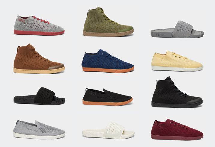 Image of a compilation of various SUAVS shoe styles including Legacy high tops, Eddy slides, Barton Slip Ons, and Zilker sneakers.